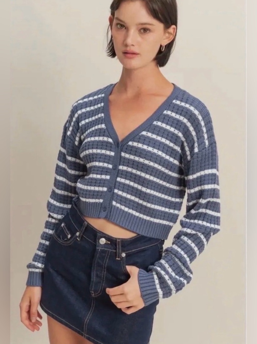 New Double Zero Striped Navy and White Cropped V-Neck Sweater Cardigan